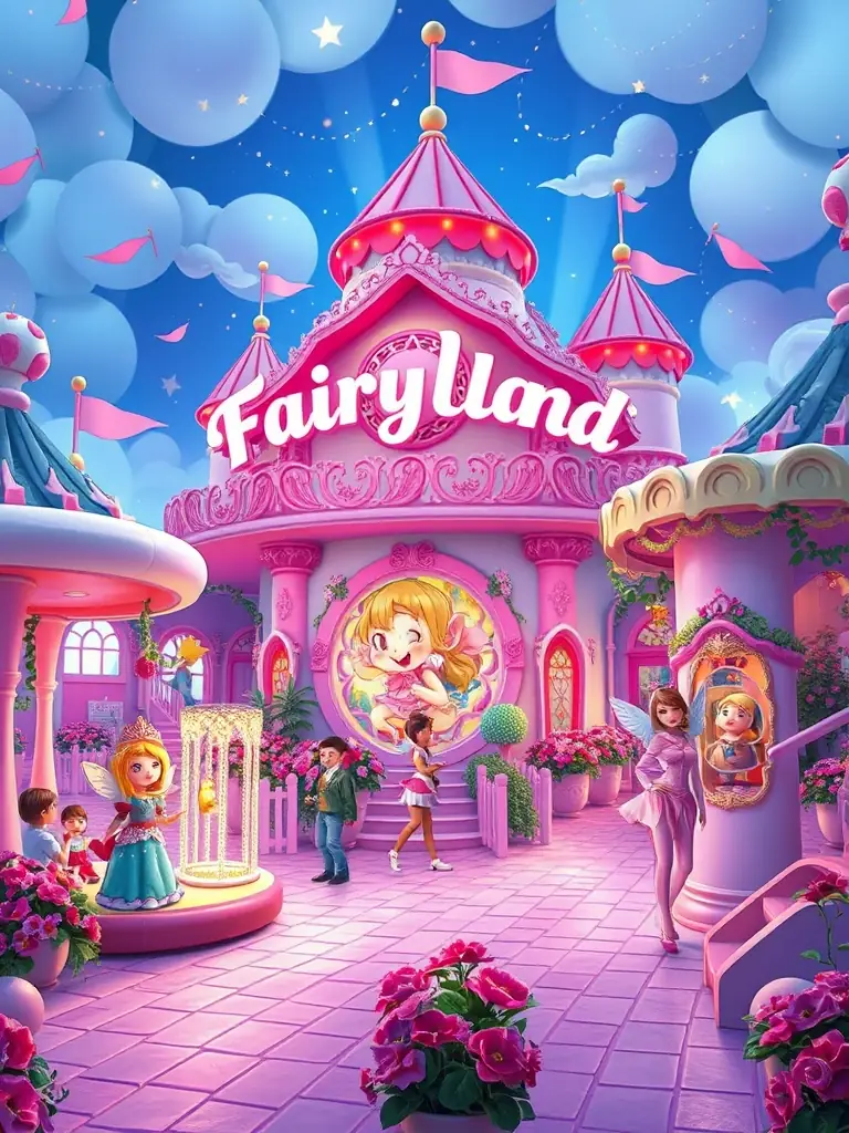 A colorful and whimsical image of the Fairytale Land zone in Energyland, showcasing fairytale characters, gentle rides, and enchanting decorations.