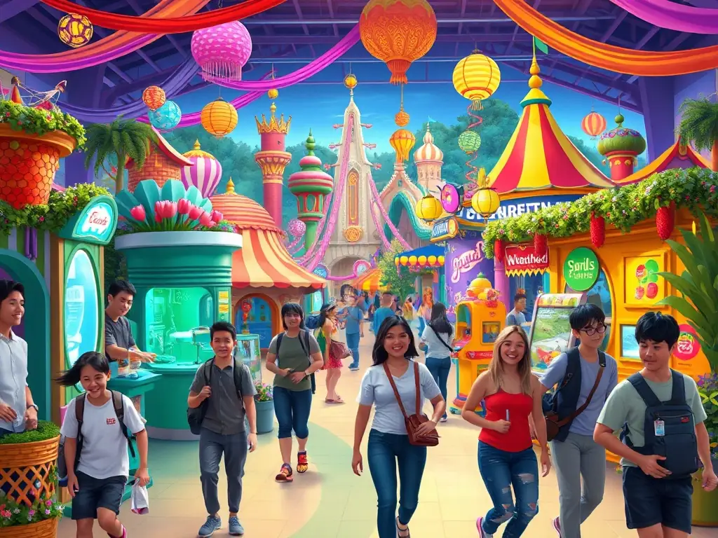 A vibrant themed zone filled with colorful decorations and attractions, bustling with visitors, highlighting the immersive experience of Energyland's themed areas.