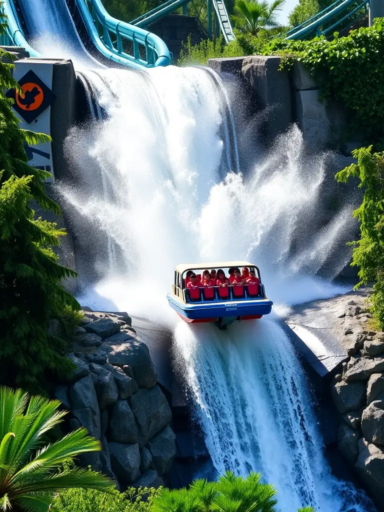 A captivating image of the Tsunami Drop water coaster at Energyland, showing a boat plunging down a steep drop, creating a large splash. The photo captures the thrill and excitement of the ride.