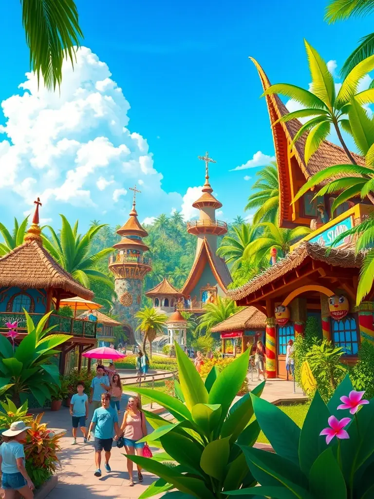 A vibrant image showcasing the Exotic Island zone in Energyland, complete with tropical plants, tiki huts, and adventurous attractions.