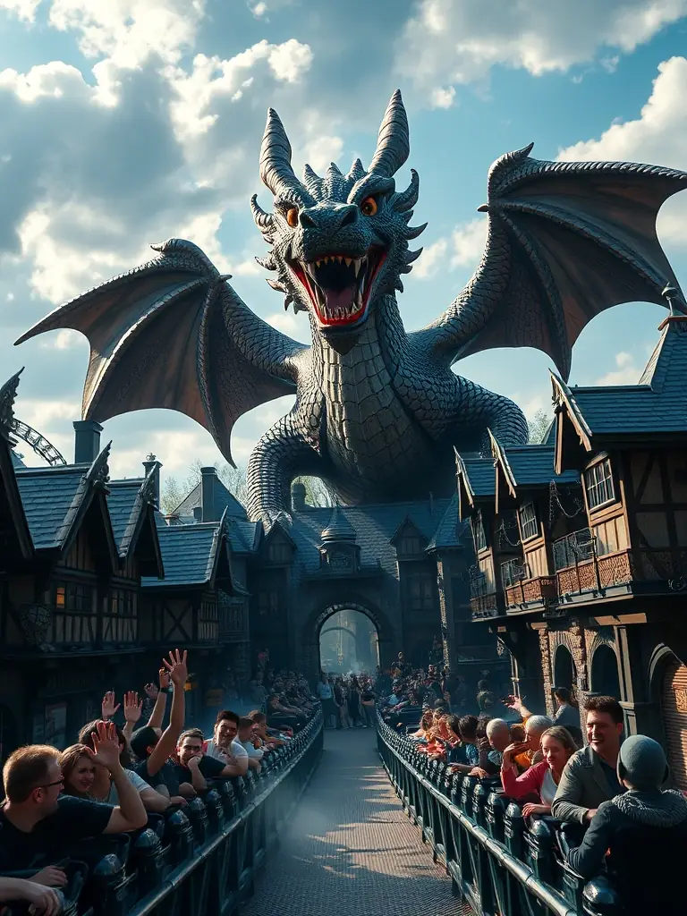 A lively scene from Dragon Zone in Energyland, featuring a large dragon statue, medieval-themed buildings, and exciting roller coasters.