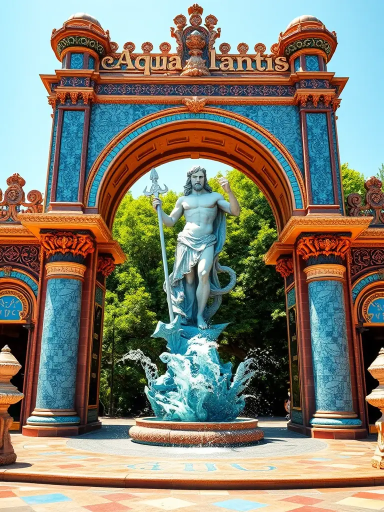 A photograph of the entrance to Aqualantis, a themed zone in Energyland, featuring elaborate aquatic architecture and a large Neptune statue.