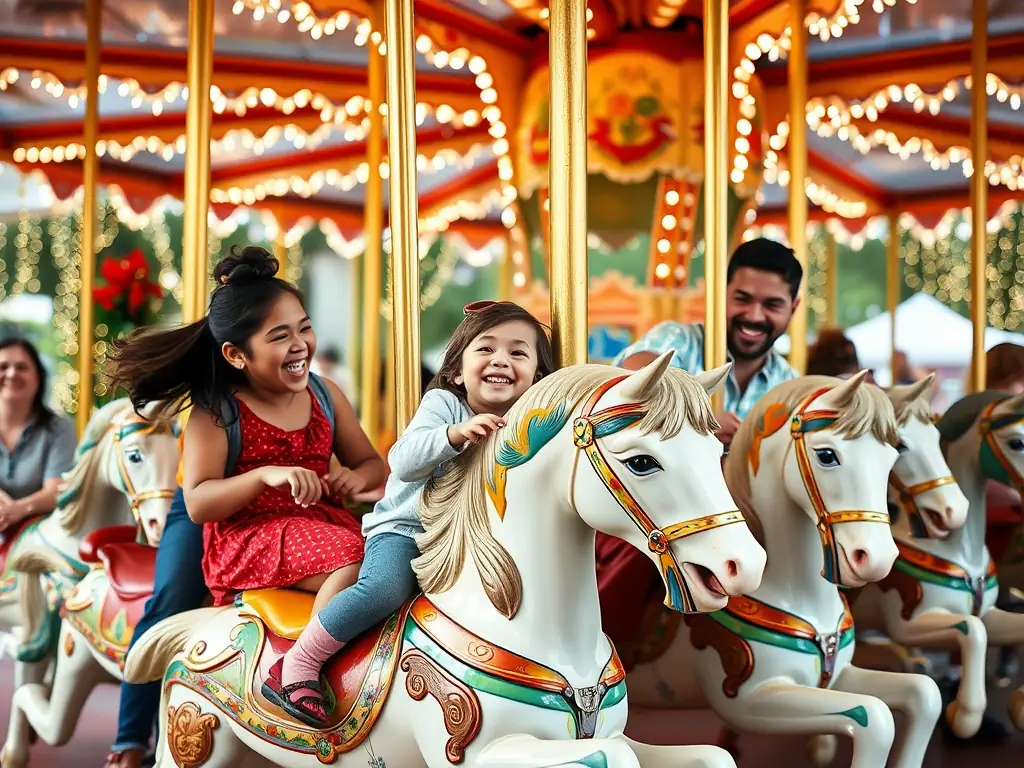 A family enjoying a carousel ride, smiling and laughing together, capturing the joy and togetherness of Energyland's family-friendly attractions.