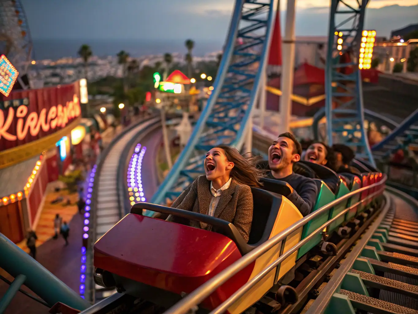 A high-speed roller coaster with riders screaming in excitement as they plunge down a steep drop, showcasing the thrill and adrenaline of Energyland's rides.